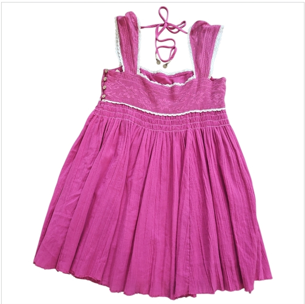 Free People Heartland Mini Dress Pink Lace Babydoll Boho sz L NWT - Picture 8 of 12